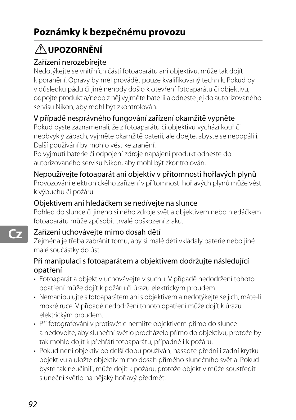 Poznámky k bezpečnému provozu, Upozornění, Jp kr de it cz sk ck ch nl ru sv es en fr | Nikon 85mm-f-35G-ED-AF-S-VR-DX-Micro-Nikkor User Manual | Page 92 / 152