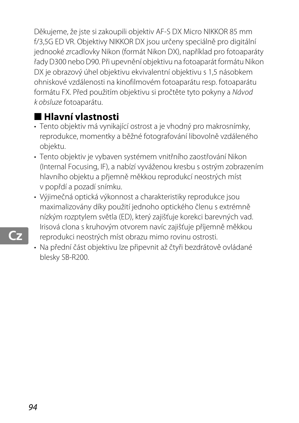 Hlavní vlastnosti, Jp kr de it cz sk ck ch nl ru sv es en fr | Nikon 85mm-f-35G-ED-AF-S-VR-DX-Micro-Nikkor User Manual | Page 94 / 152