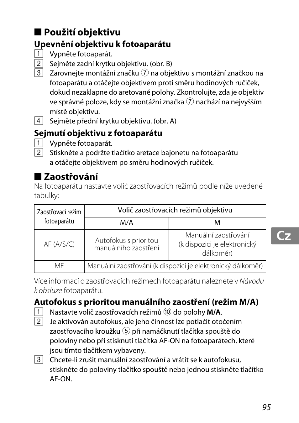 Použití objektivu, Upevnění objektivu k fotoaparátu, Sejmutí objektivu z fotoaparátu | Zaostřování, Jp kr de it cz sk ck ch nl ru sv es en fr | Nikon 85mm-f-35G-ED-AF-S-VR-DX-Micro-Nikkor User Manual | Page 95 / 152