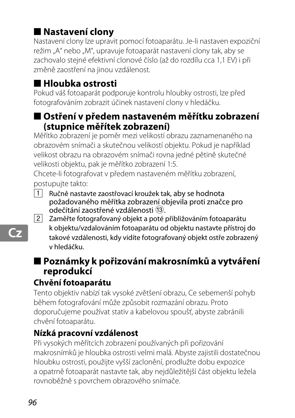 Nastavení clony, Hloubka ostrosti, Chvění fotoaparátu | Nízká pracovní vzdálenost, Jp kr de it cz sk ck ch nl ru sv es en fr | Nikon 85mm-f-35G-ED-AF-S-VR-DX-Micro-Nikkor User Manual | Page 96 / 152