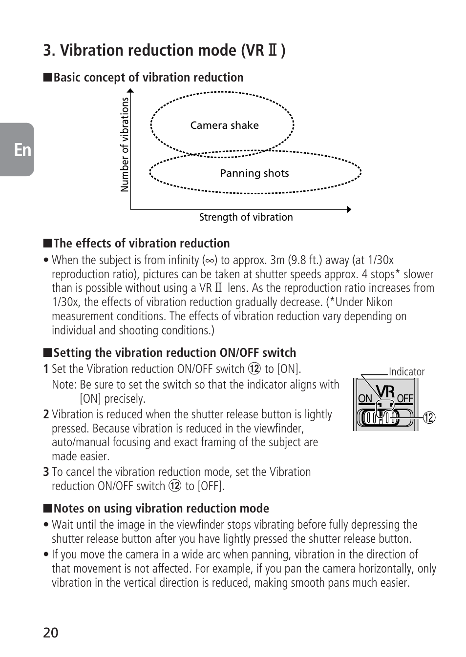 Vibration reduction mode (vr @ ) | Nikon 105mm-f-28G-IF-ED-AF-S-VR-Micro-Nikkor User Manual | Page 20 / 88