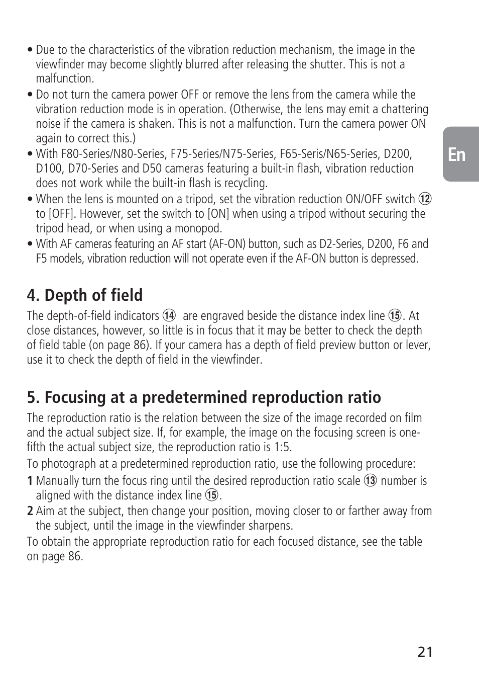 Depth of field, Focusing at a predetermined reproduction ratio | Nikon 105mm-f-28G-IF-ED-AF-S-VR-Micro-Nikkor User Manual | Page 21 / 88