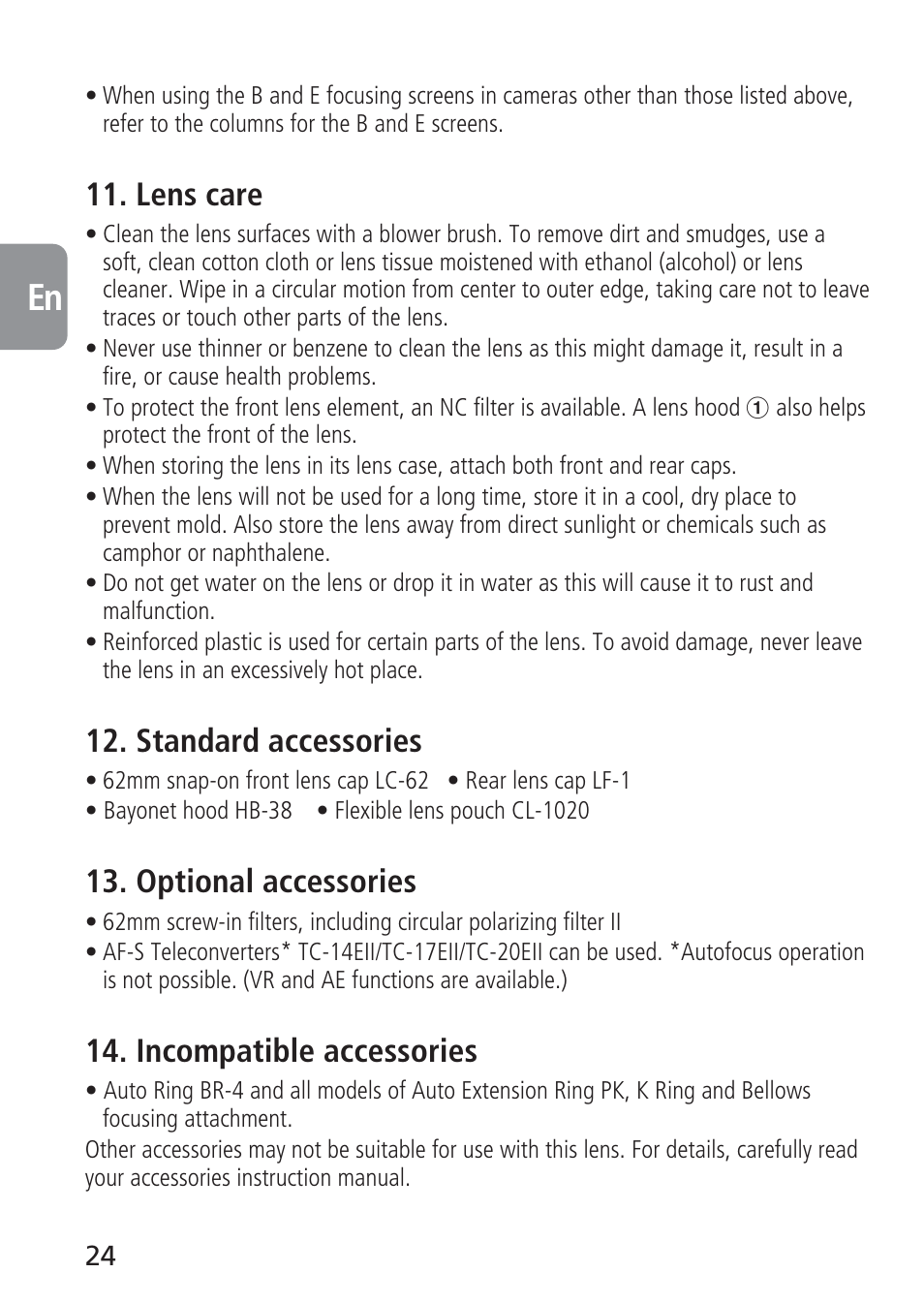 Lens care, Standard accessories, Optional accessories | Incompatible accessories | Nikon 105mm-f-28G-IF-ED-AF-S-VR-Micro-Nikkor User Manual | Page 24 / 88