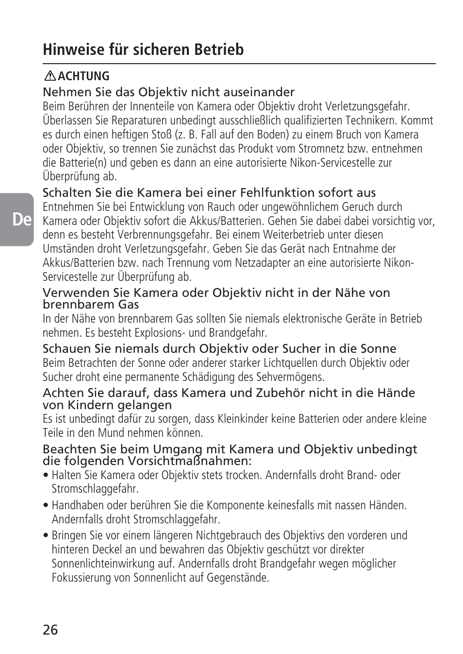Hinweise für sicheren betrieb | Nikon 105mm-f-28G-IF-ED-AF-S-VR-Micro-Nikkor User Manual | Page 26 / 88