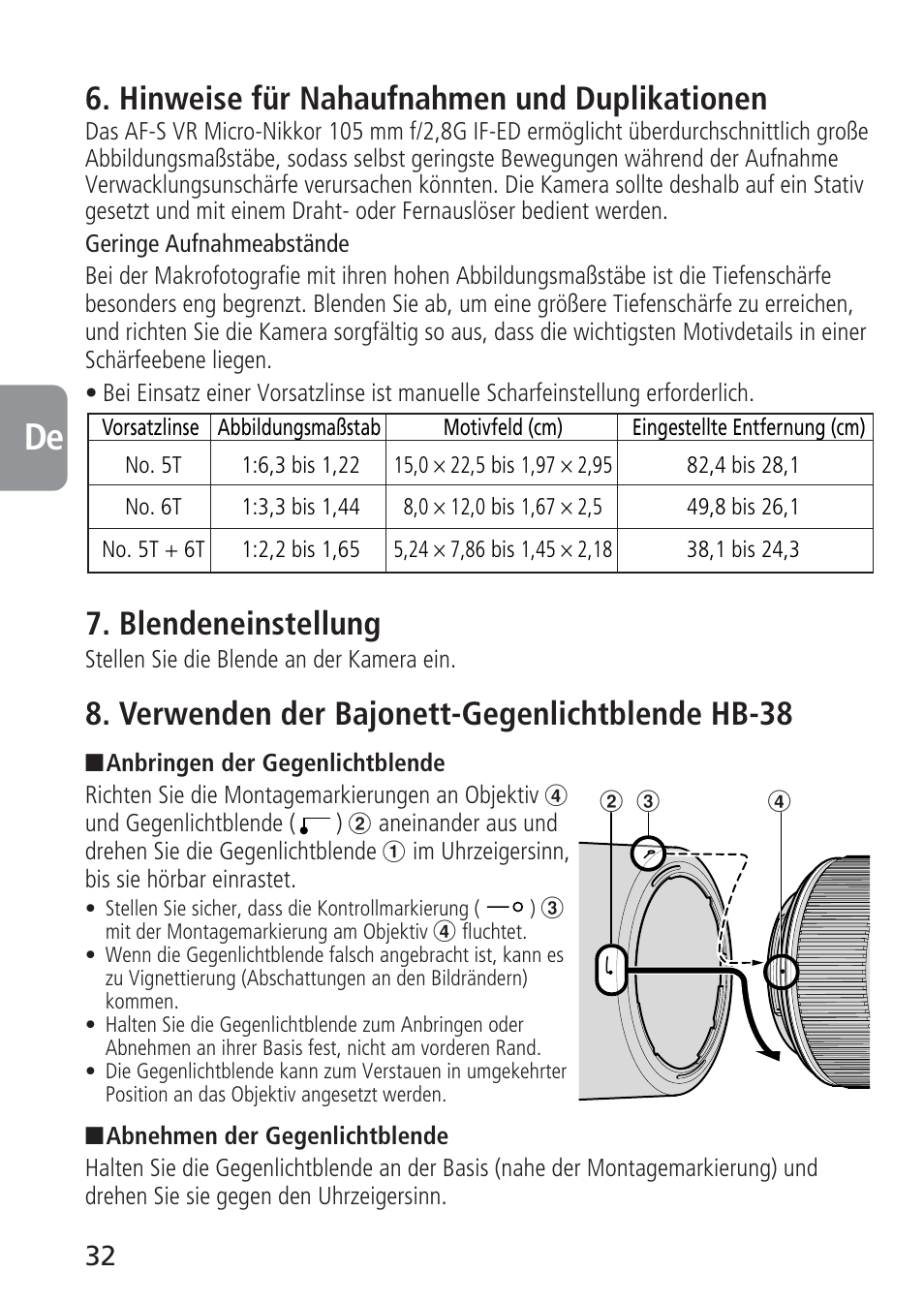 Hinweise für nahaufnahmen und duplikationen, Blendeneinstellung, Verwenden der bajonett-gegenlichtblende hb-38 | Nikon 105mm-f-28G-IF-ED-AF-S-VR-Micro-Nikkor User Manual | Page 32 / 88