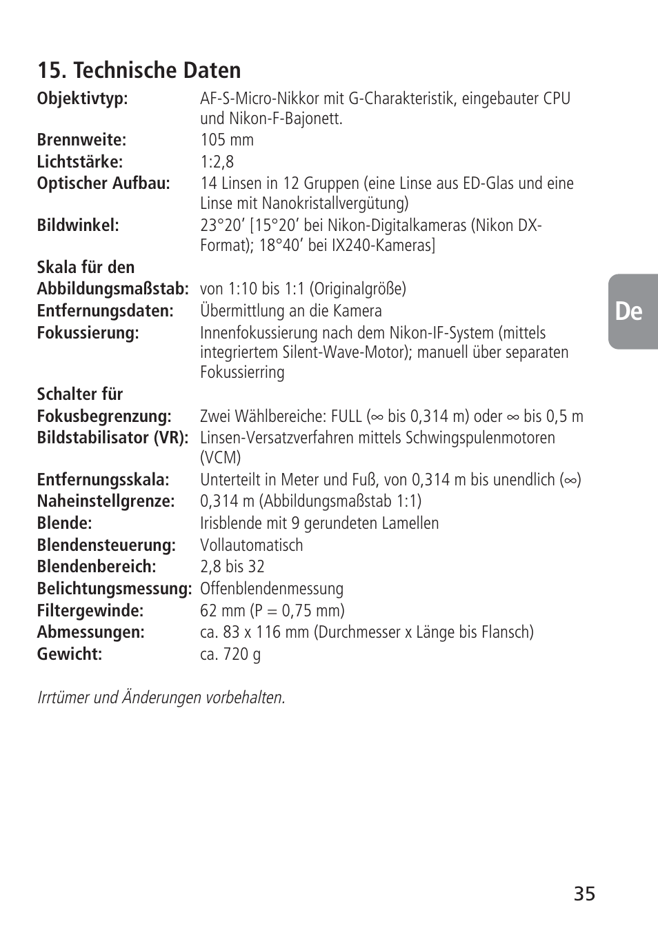 Technische daten | Nikon 105mm-f-28G-IF-ED-AF-S-VR-Micro-Nikkor User Manual | Page 35 / 88