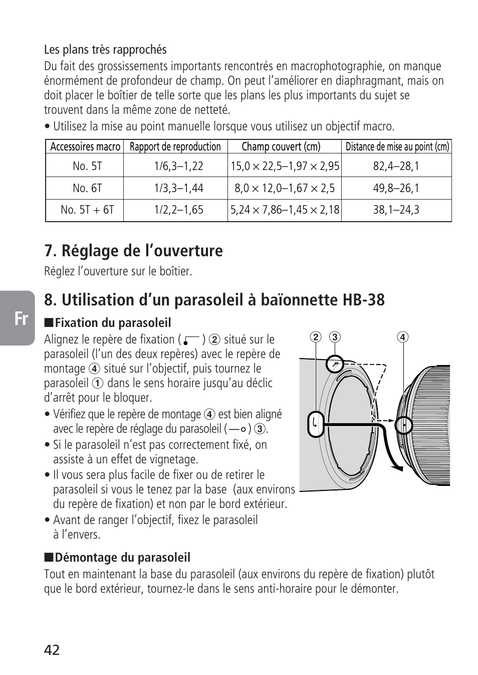 Réglage de l’ouverture, Utilisation d’un parasoleil à baïonnette hb-38 | Nikon 105mm-f-28G-IF-ED-AF-S-VR-Micro-Nikkor User Manual | Page 42 / 88