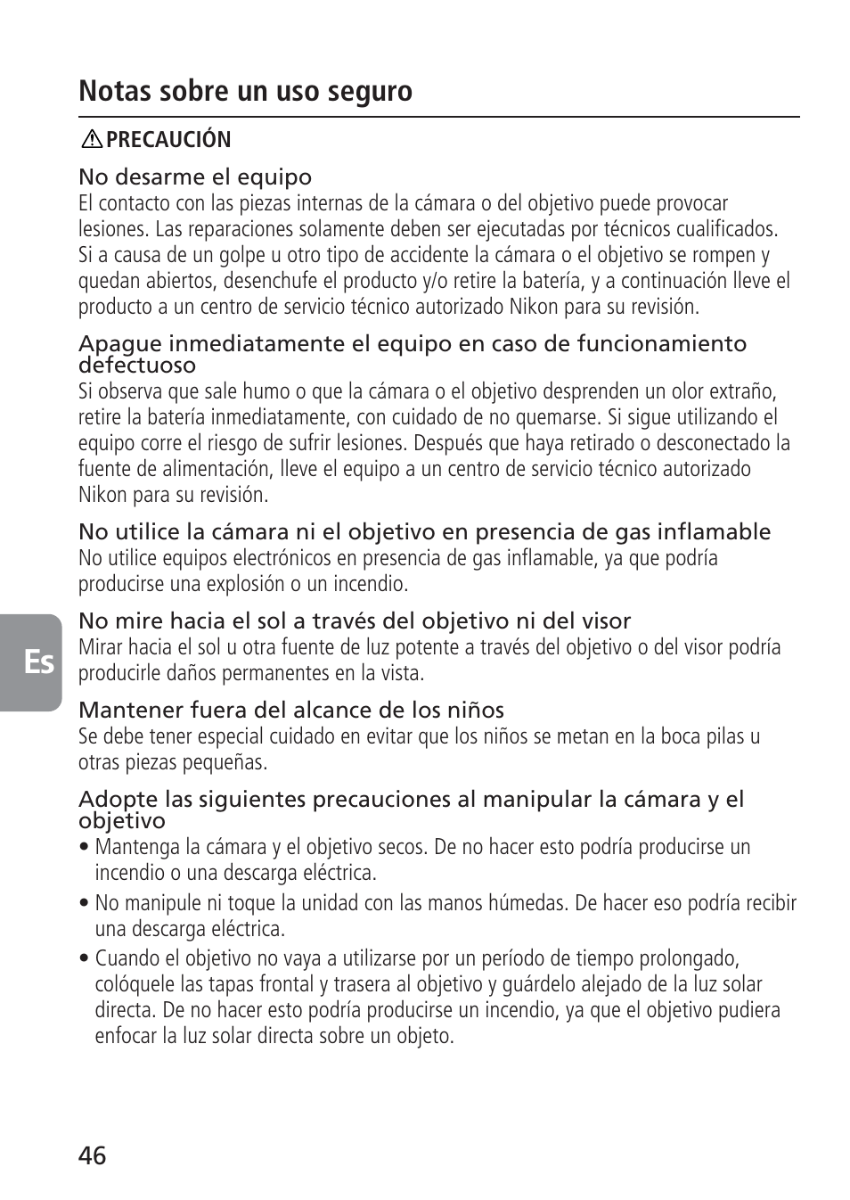 Notas sobre un uso seguro | Nikon 105mm-f-28G-IF-ED-AF-S-VR-Micro-Nikkor User Manual | Page 46 / 88