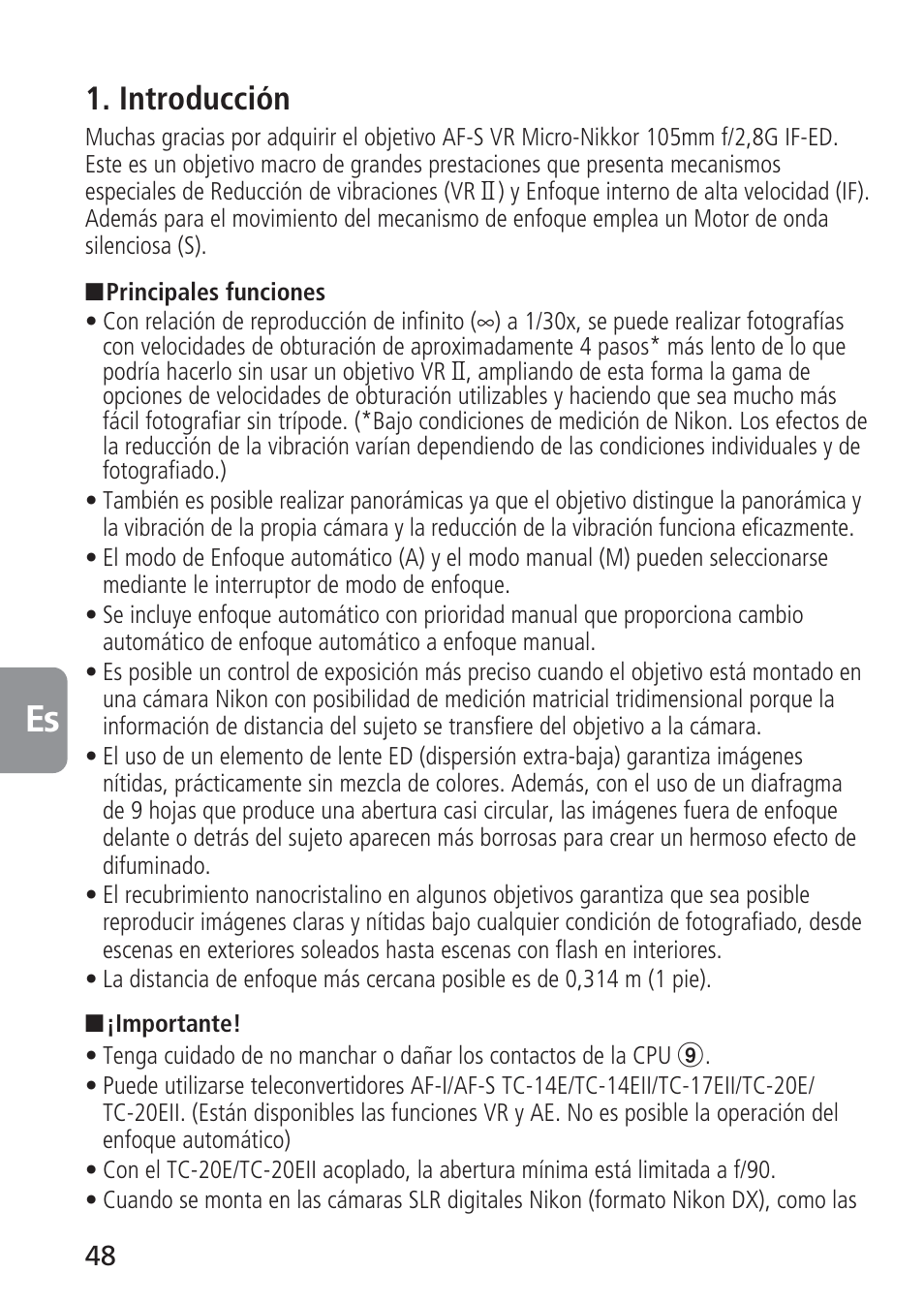 Introducción | Nikon 105mm-f-28G-IF-ED-AF-S-VR-Micro-Nikkor User Manual | Page 48 / 88