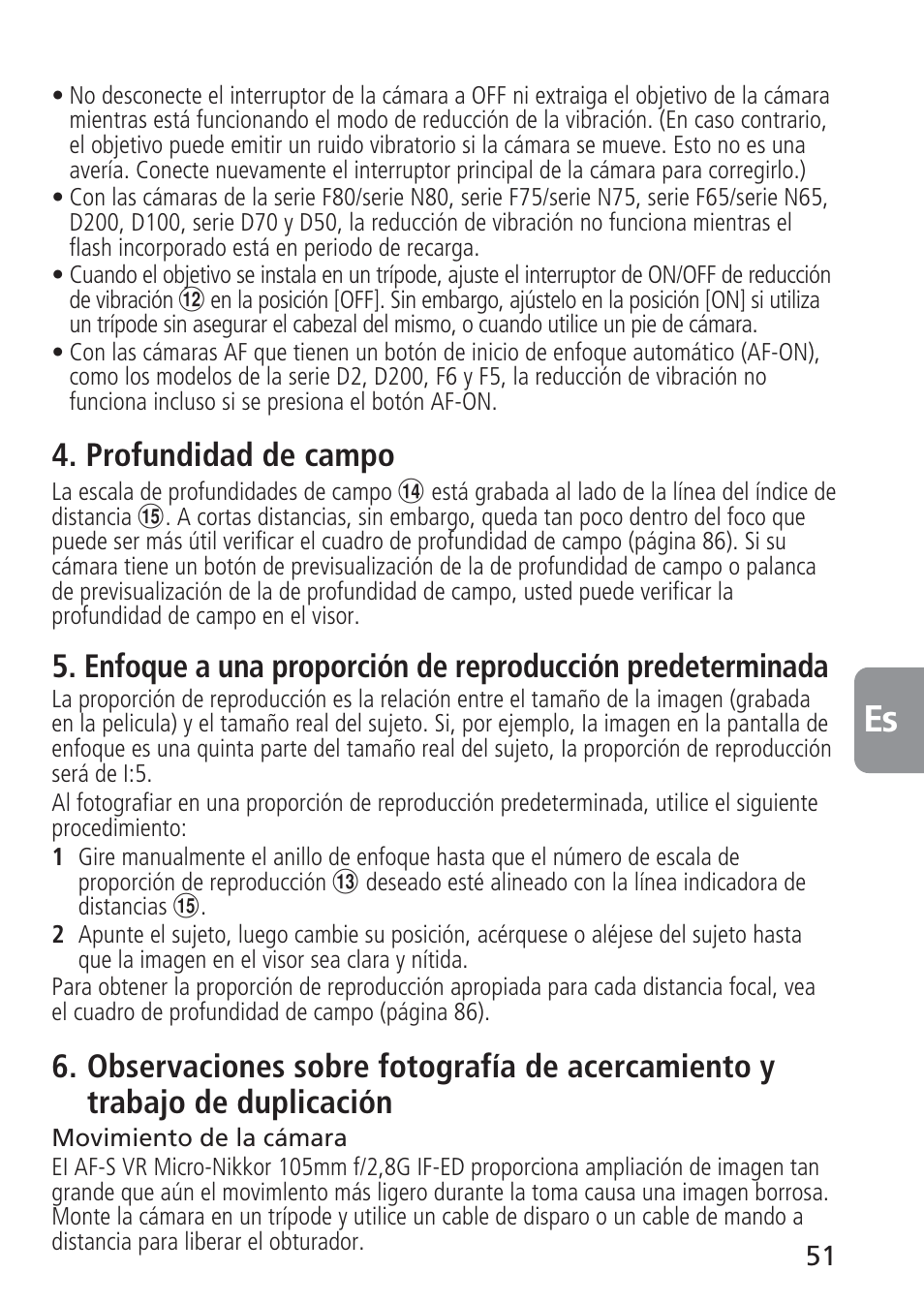Profundidad de campo | Nikon 105mm-f-28G-IF-ED-AF-S-VR-Micro-Nikkor User Manual | Page 51 / 88