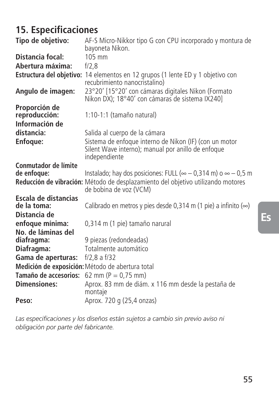 Especificaciones | Nikon 105mm-f-28G-IF-ED-AF-S-VR-Micro-Nikkor User Manual | Page 55 / 88
