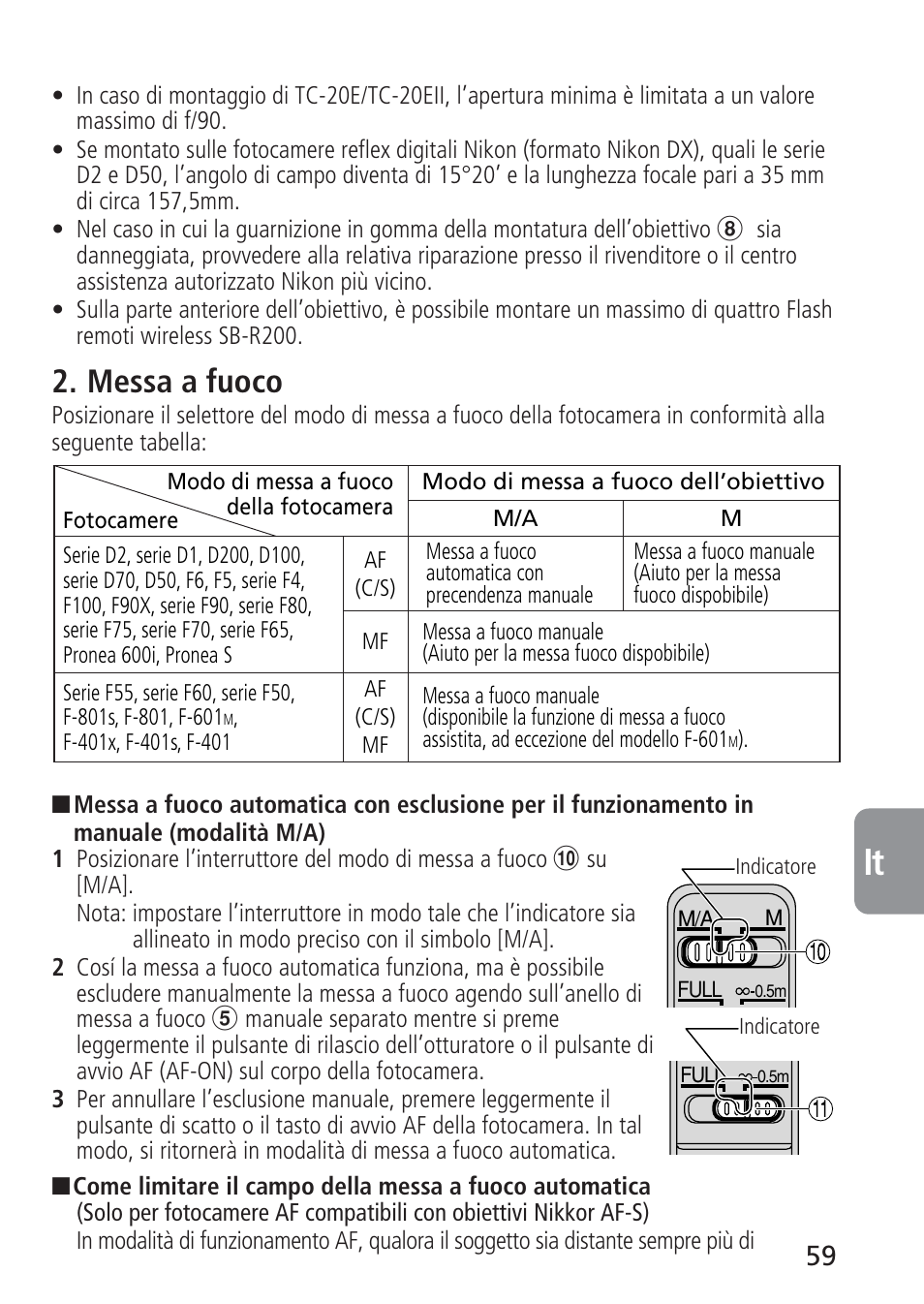 Messa a fuoco | Nikon 105mm-f-28G-IF-ED-AF-S-VR-Micro-Nikkor User Manual | Page 59 / 88
