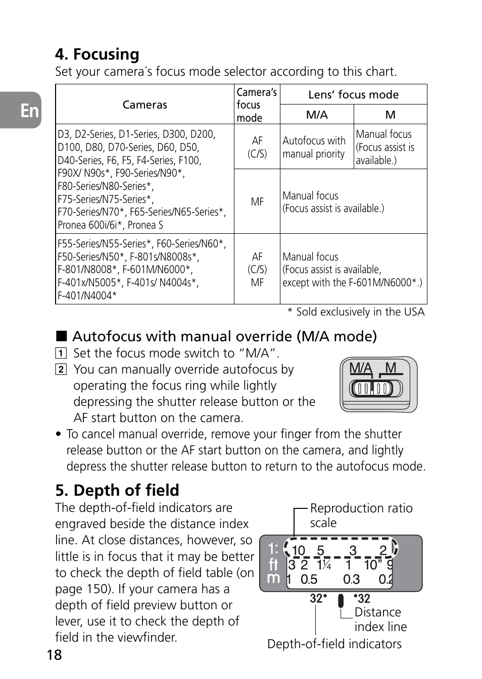 Focusing, Depth of field, Autofocus with manual override (m/a mode) | Nikon 60mm-f-28G-AF-S-Micro-Nikkor User Manual | Page 18 / 154