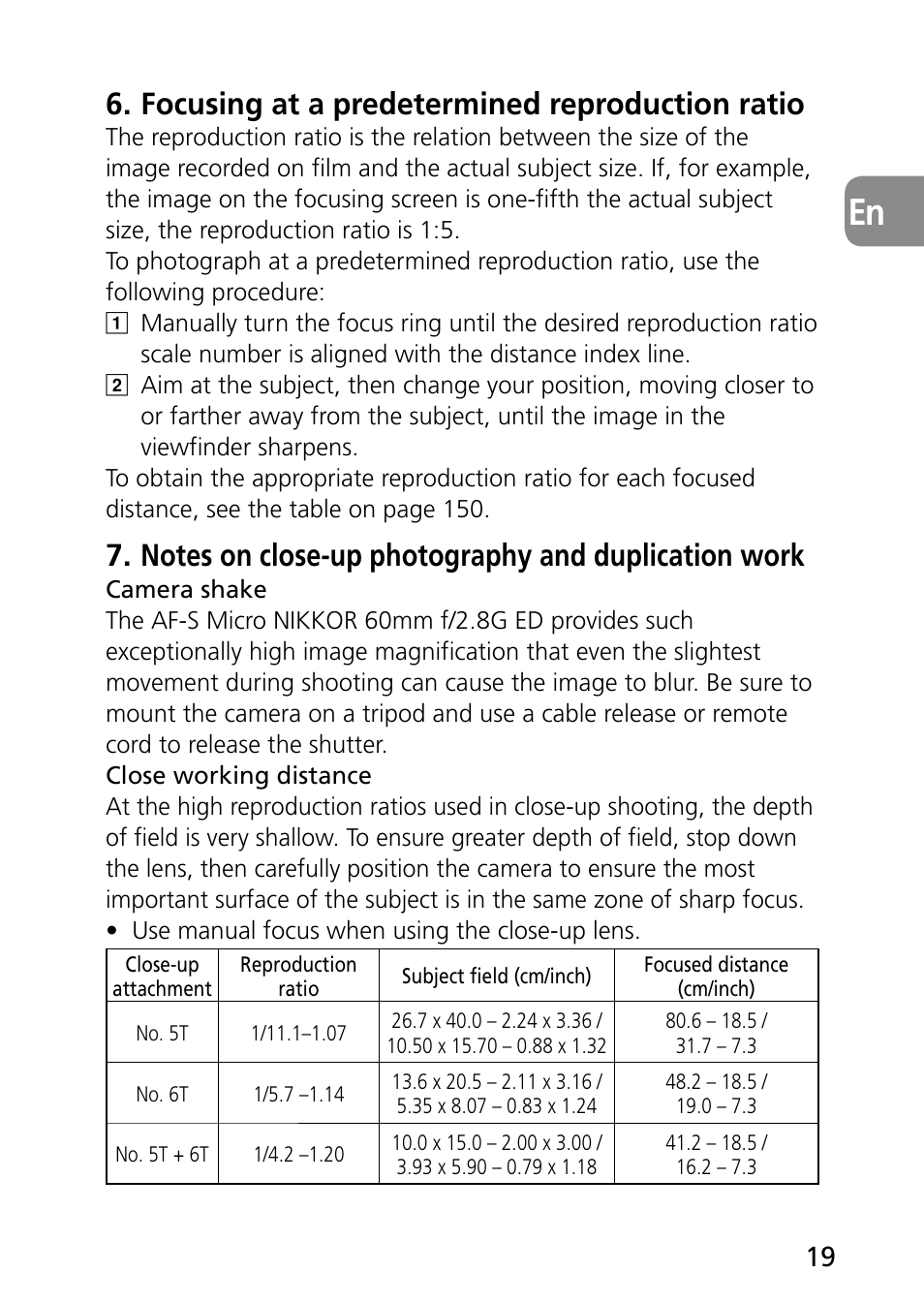 Focusing at a predetermined reproduction ratio | Nikon 60mm-f-28G-AF-S-Micro-Nikkor User Manual | Page 19 / 154