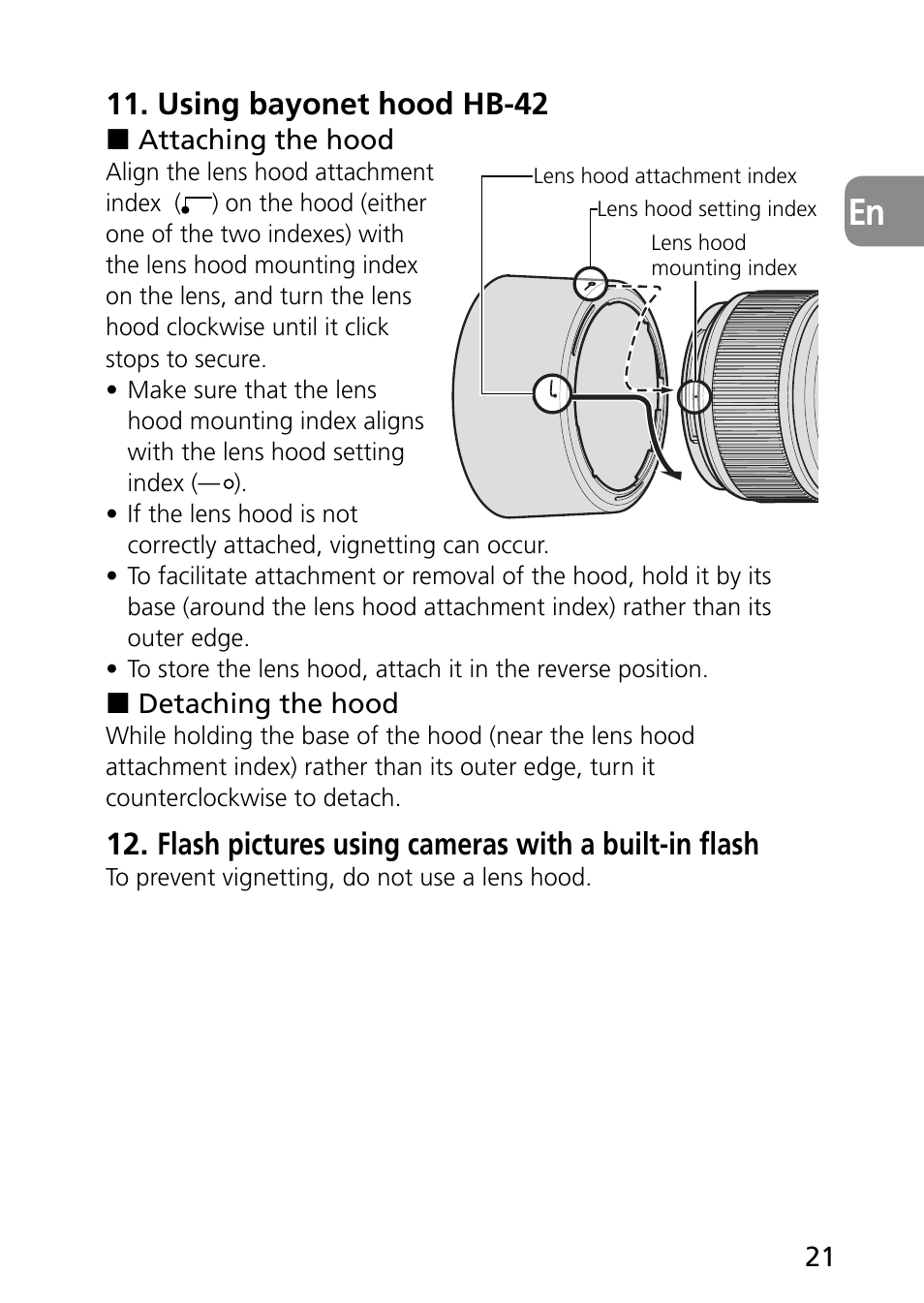 Using bayonet hood hb-42, Flash pictures using cameras with a built-in flash | Nikon 60mm-f-28G-AF-S-Micro-Nikkor User Manual | Page 21 / 154