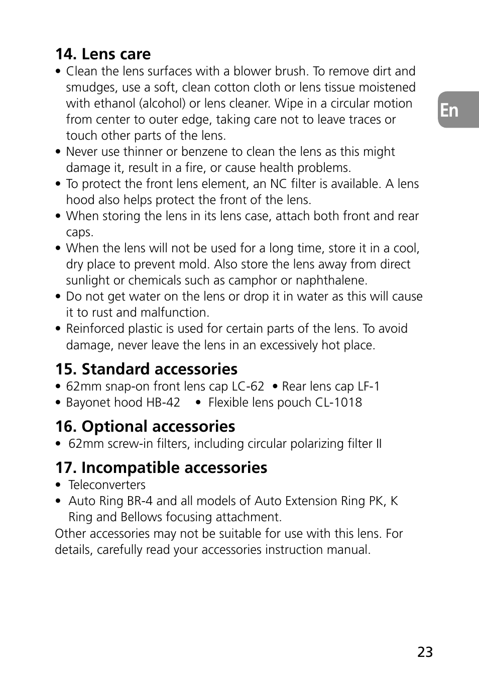 Lens care, Standard accessories, Optional accessories | Incompatible accessories | Nikon 60mm-f-28G-AF-S-Micro-Nikkor User Manual | Page 23 / 154