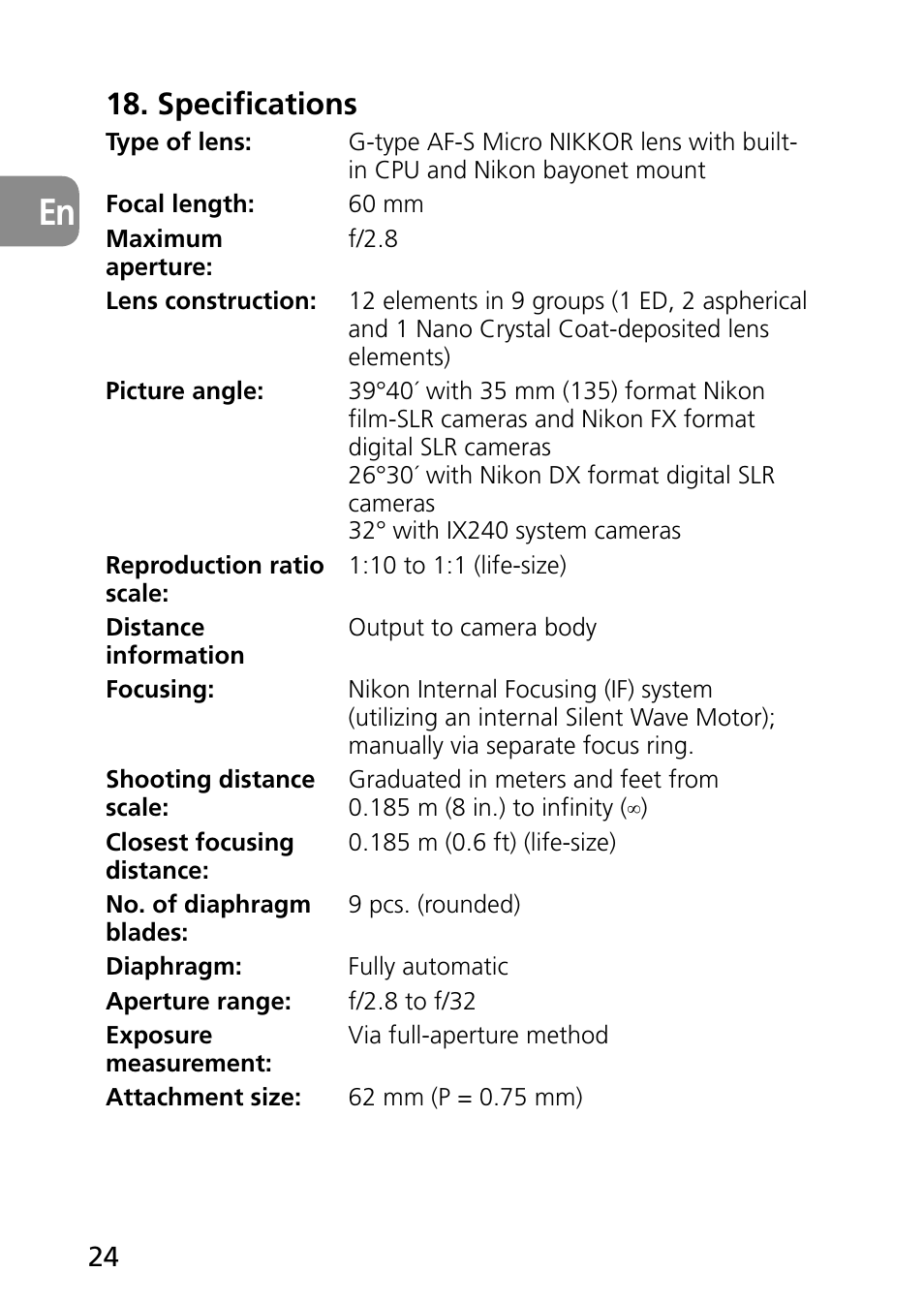 Specifications | Nikon 60mm-f-28G-AF-S-Micro-Nikkor User Manual | Page 24 / 154