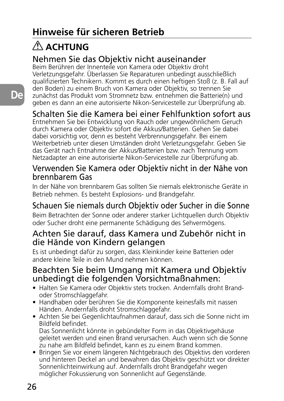 Hinweise für sicheren betrieb, Achtung | Nikon 60mm-f-28G-AF-S-Micro-Nikkor User Manual | Page 26 / 154
