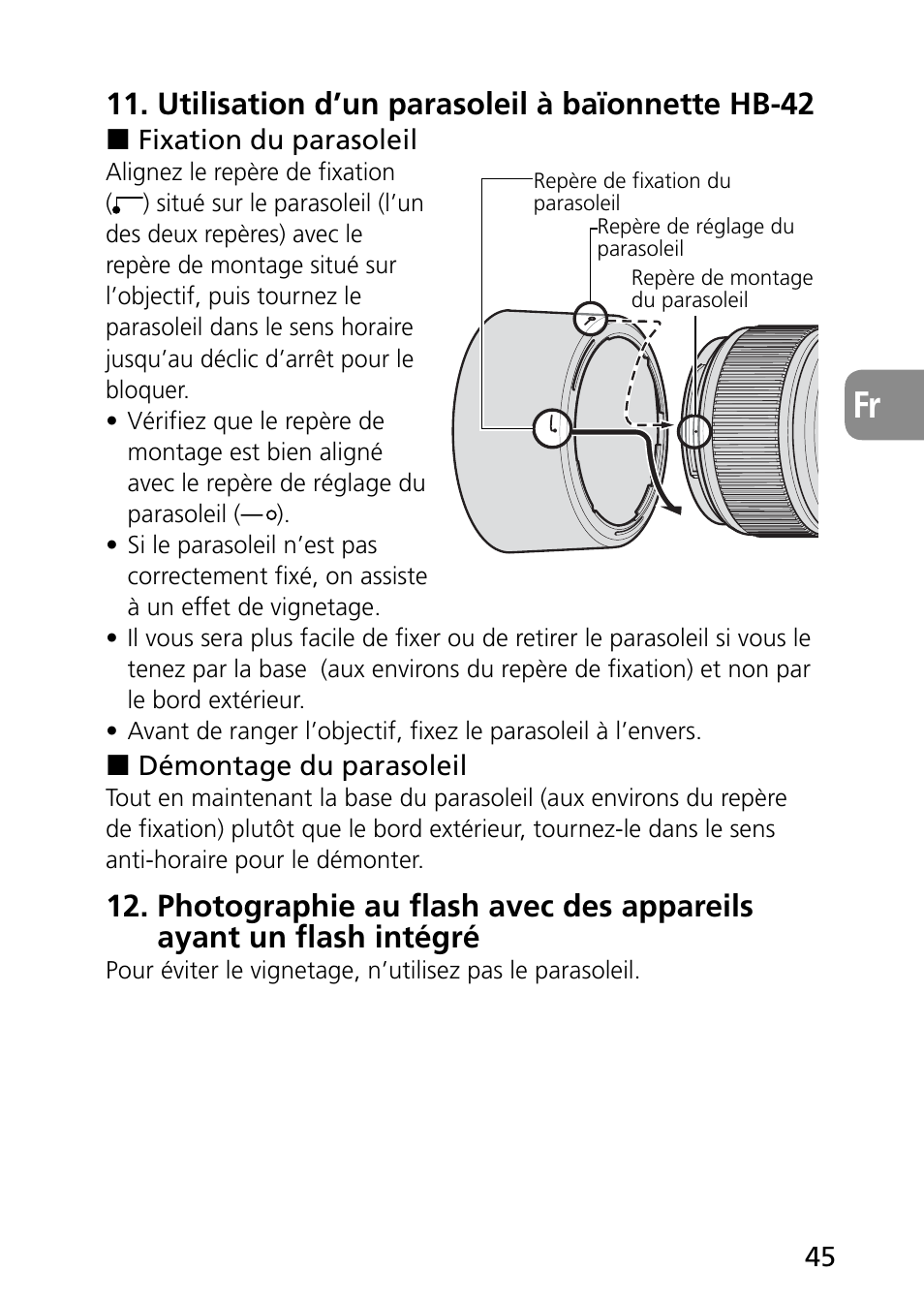 Utilisation d’un parasoleil à baïonnette hb-42 | Nikon 60mm-f-28G-AF-S-Micro-Nikkor User Manual | Page 45 / 154