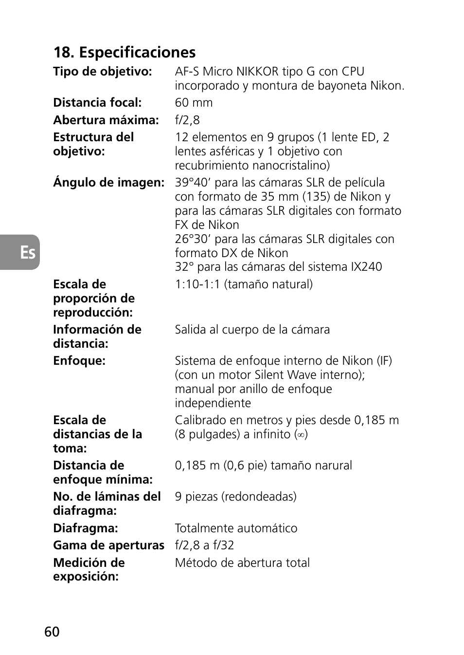 Especificaciones | Nikon 60mm-f-28G-AF-S-Micro-Nikkor User Manual | Page 60 / 154