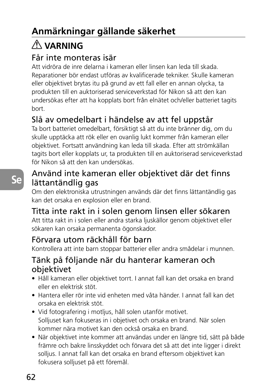 Anmärkningar gällande säkerhet, Varning | Nikon 60mm-f-28G-AF-S-Micro-Nikkor User Manual | Page 62 / 154