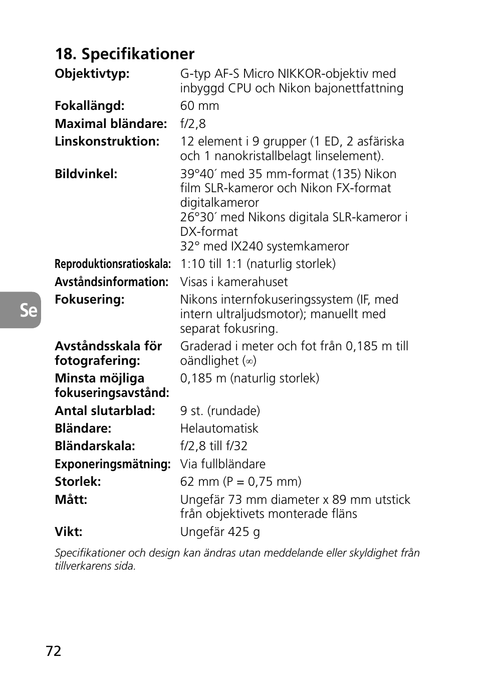 Specifikationer | Nikon 60mm-f-28G-AF-S-Micro-Nikkor User Manual | Page 72 / 154