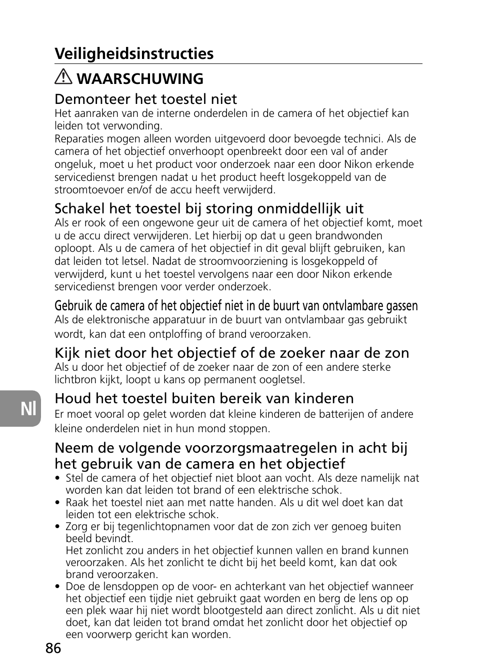 Veiligheidsinstructies, Waarschuwing | Nikon 60mm-f-28G-AF-S-Micro-Nikkor User Manual | Page 86 / 154