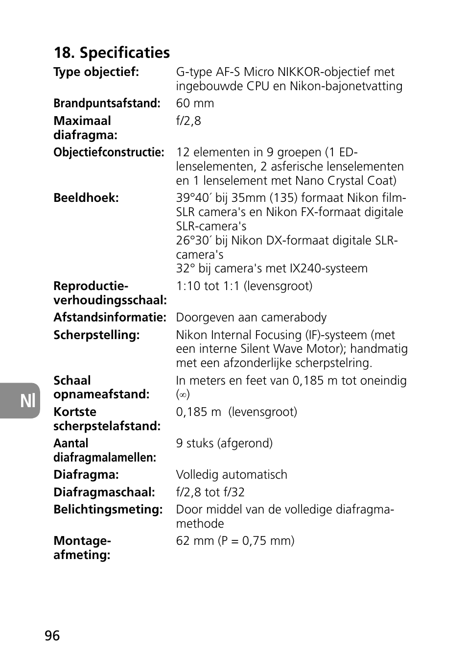 Specificaties | Nikon 60mm-f-28G-AF-S-Micro-Nikkor User Manual | Page 96 / 154