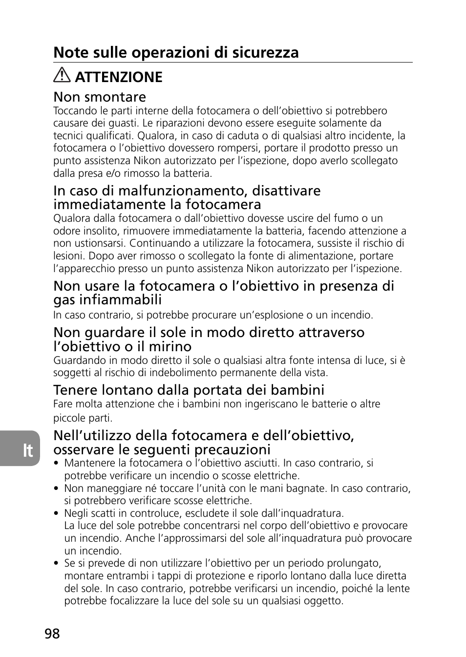 Attenzione | Nikon 60mm-f-28G-AF-S-Micro-Nikkor User Manual | Page 98 / 154