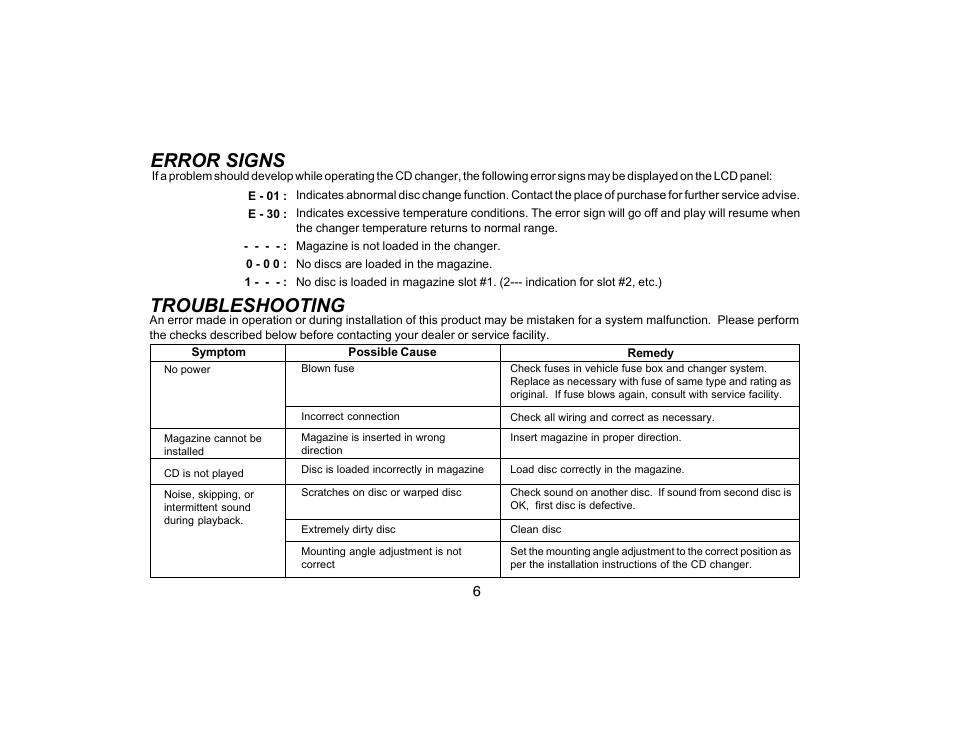 Troubleshooting, Error signs | Audiovox CDC-10R User Manual | Page 7 / 8