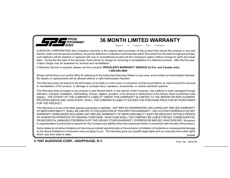 36 month limited warranty | Audiovox CDC-10R User Manual | Page 8 / 8