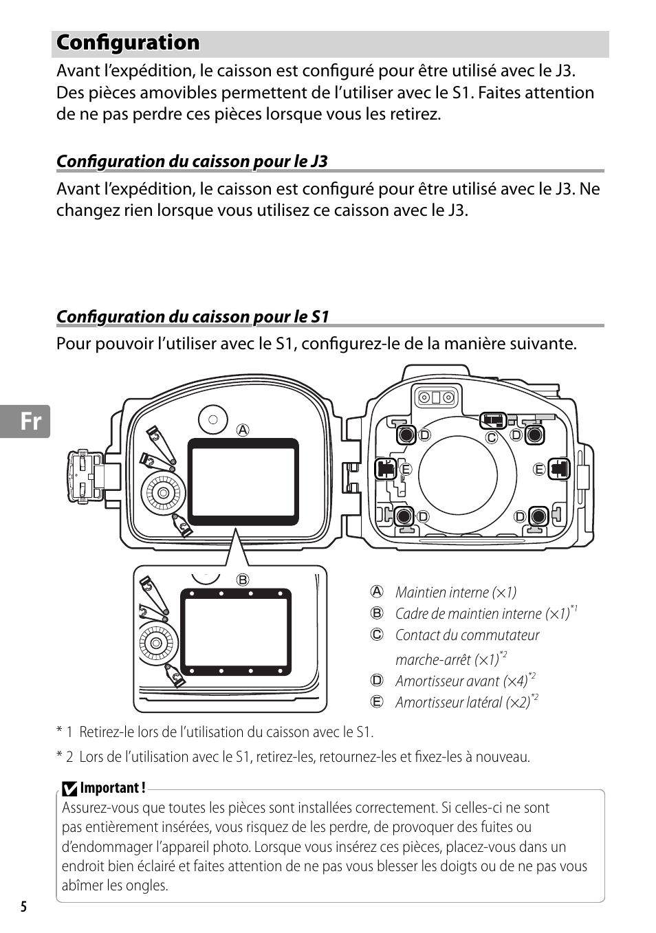 Configuration, Configuration du caisson pour le j3, Configuration du caisson pour le s1 | Confi guration | Nikon WP-N2 User Manual | Page 100 / 260