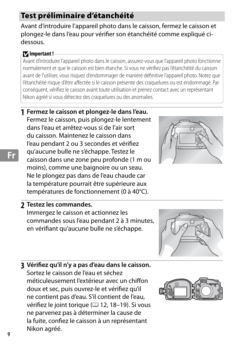 Test préliminaire d’étanchéité | Nikon WP-N2 User Manual | Page 104 / 260