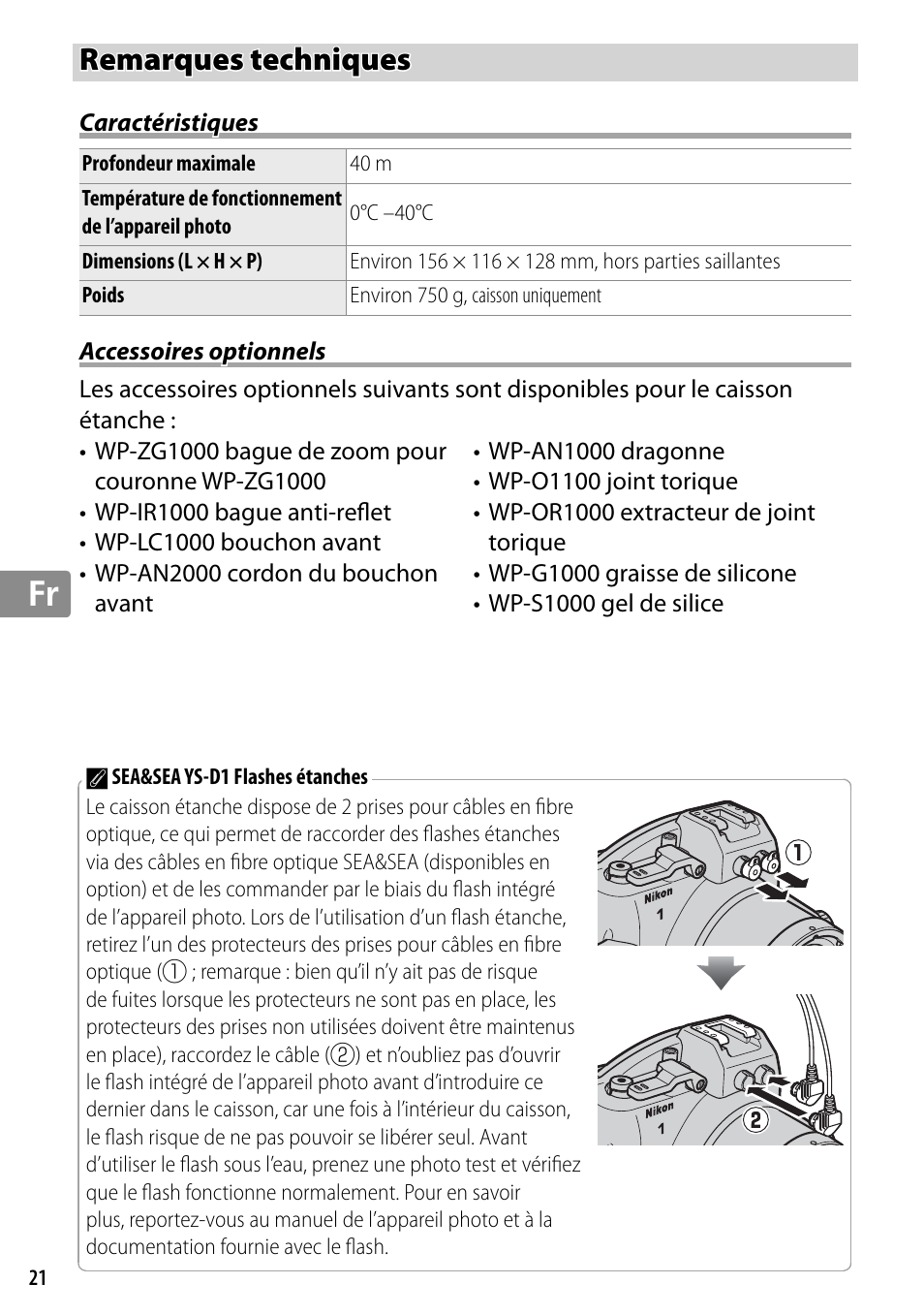 Remarques techniques, Caractéristiques, Accessoires optionnels | Nikon WP-N2 User Manual | Page 116 / 260