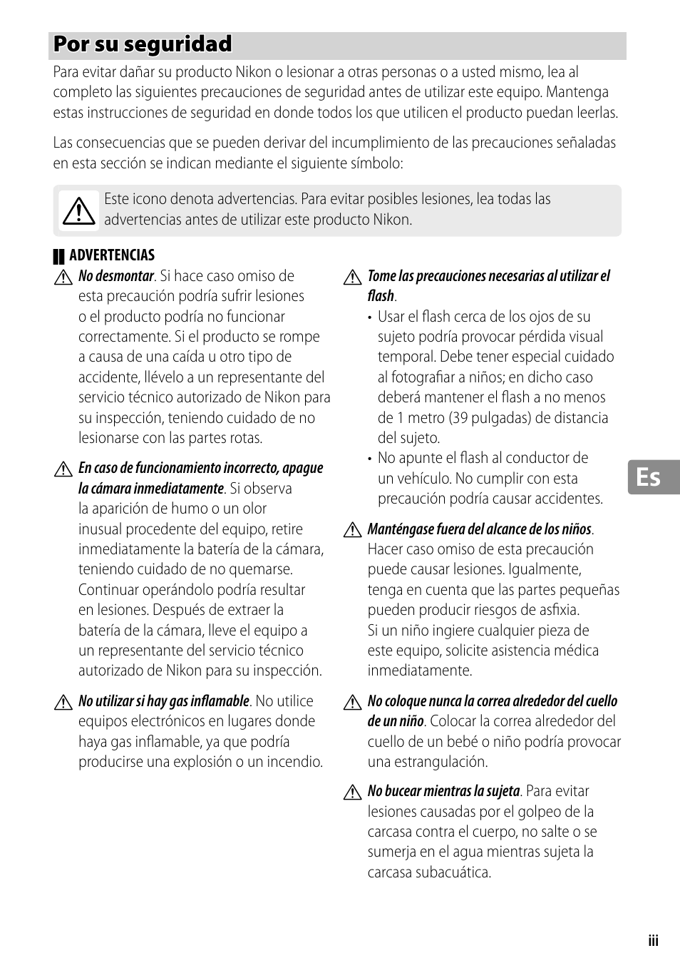 Por su seguridad | Nikon WP-N2 User Manual | Page 119 / 260