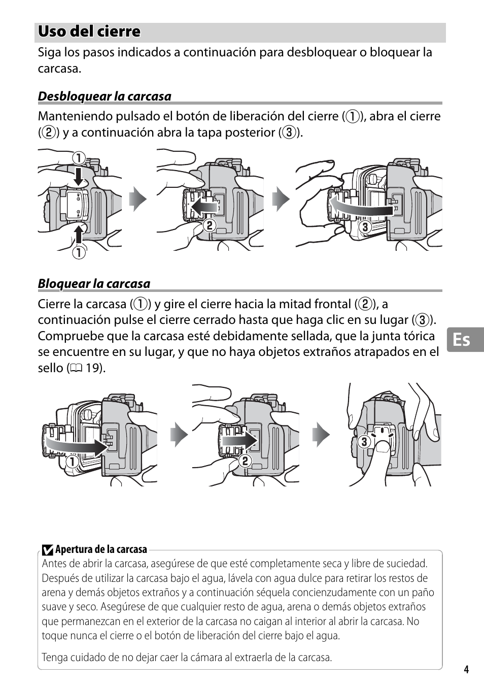 Uso del cierre, Desbloquear la carcasa, Bloquear la carcasa | Nikon WP-N2 User Manual | Page 127 / 260