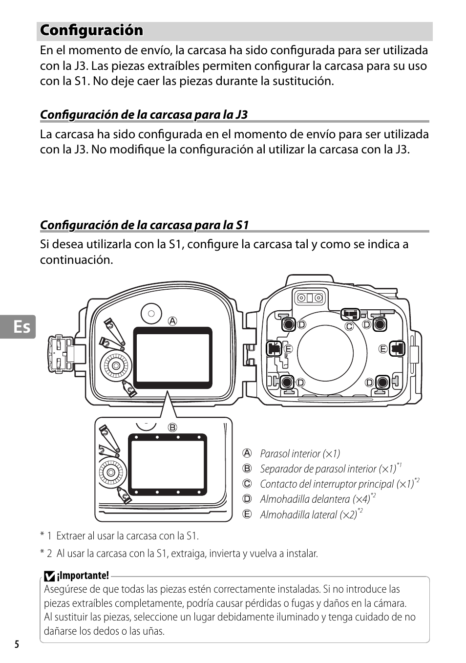 Configuración, Configuración de la carcasa para la j3, Configuración de la carcasa para la s1 | Confi guración | Nikon WP-N2 User Manual | Page 128 / 260