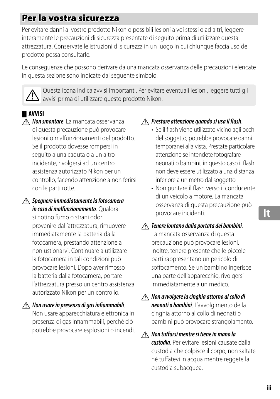 Per la vostra sicurezza | Nikon WP-N2 User Manual | Page 147 / 260