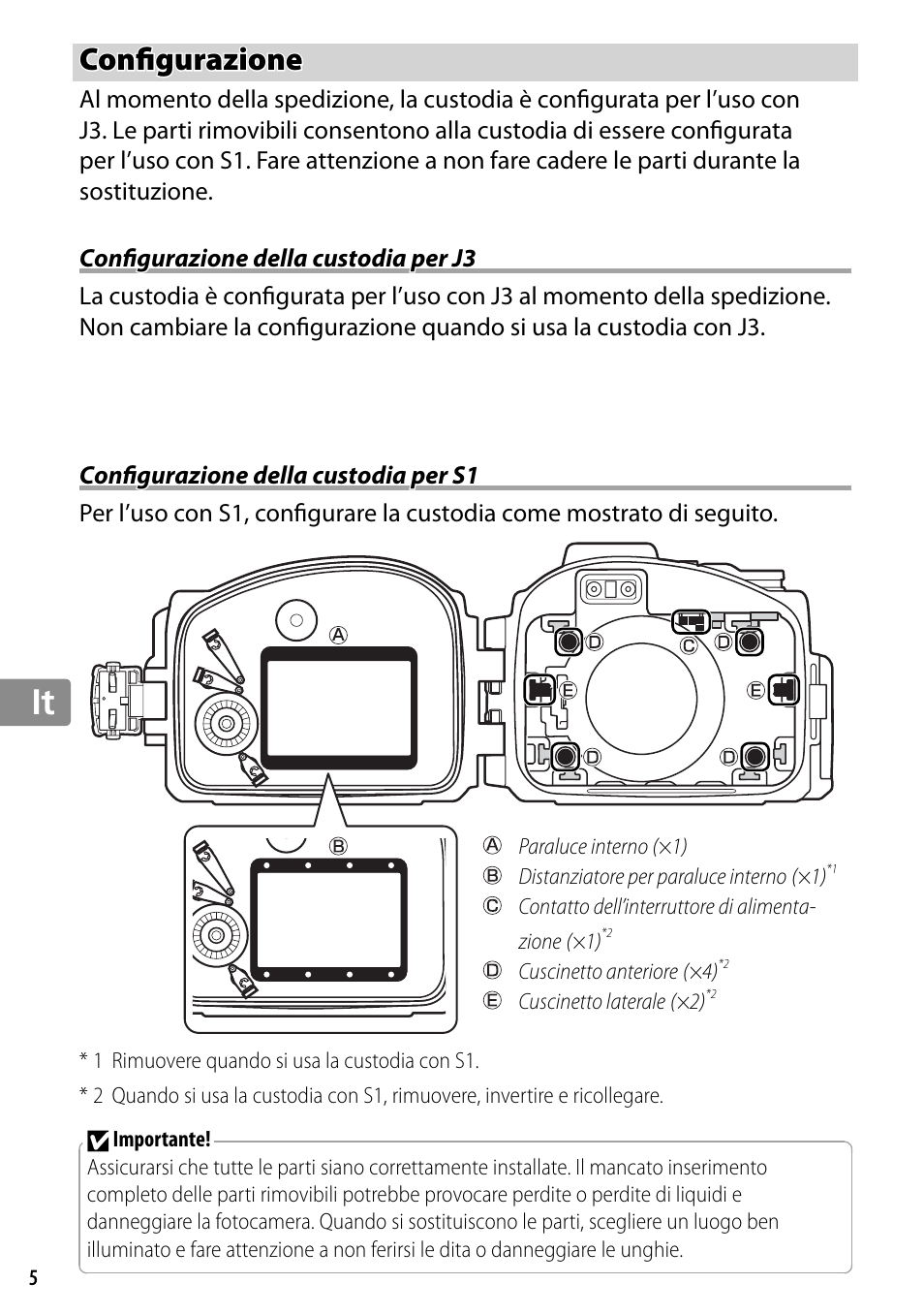 Configurazione, Configurazione della custodia per j3, Configurazione della custodia per s1 | Confi gurazione | Nikon WP-N2 User Manual | Page 156 / 260