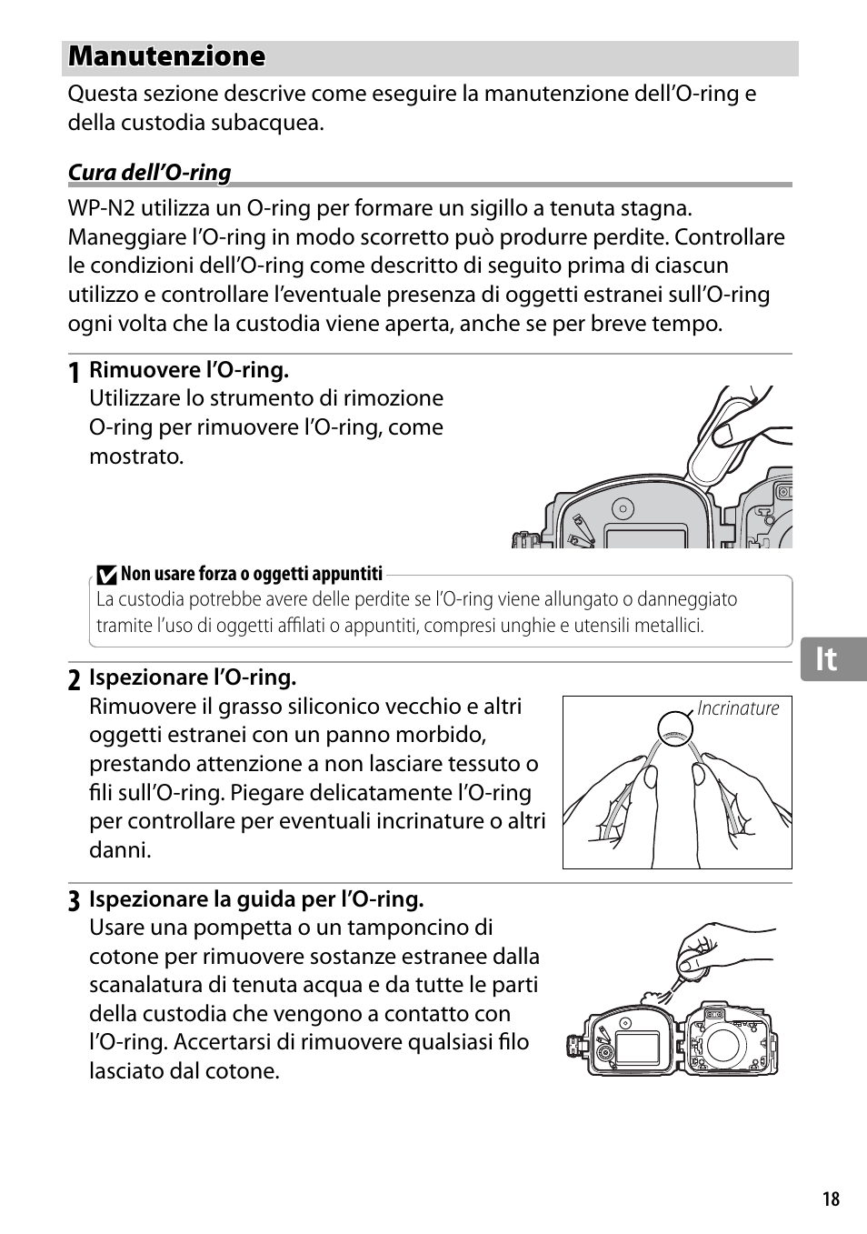 Manutenzione, Cura dell’o-ring | Nikon WP-N2 User Manual | Page 169 / 260