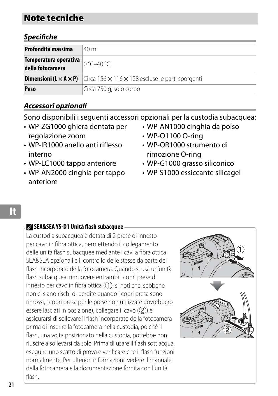 Note tecniche, Specifiche, Accessori opzionali | Nikon WP-N2 User Manual | Page 172 / 260
