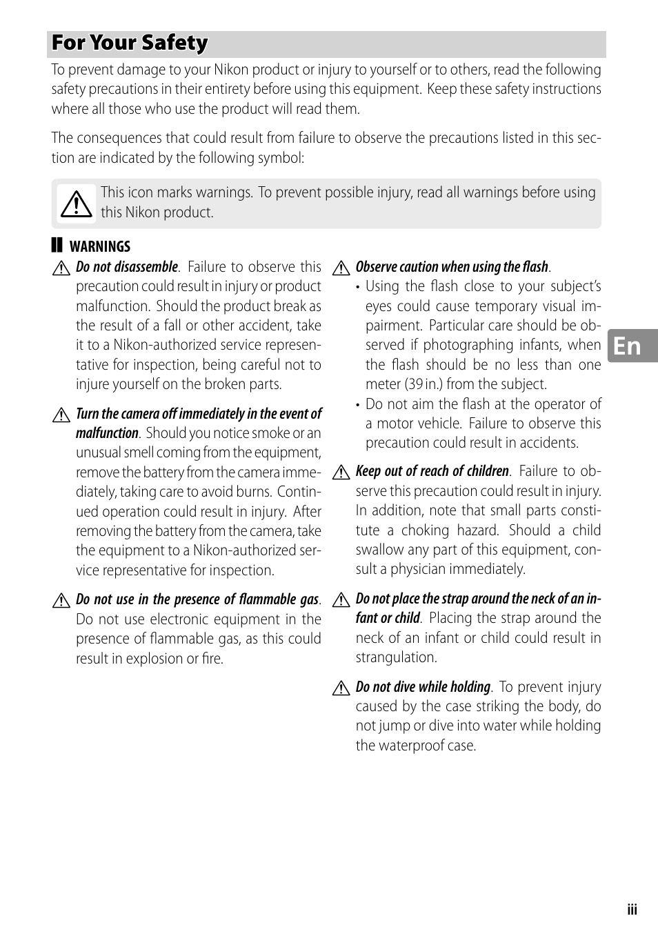 For your safety | Nikon WP-N2 User Manual | Page 35 / 260