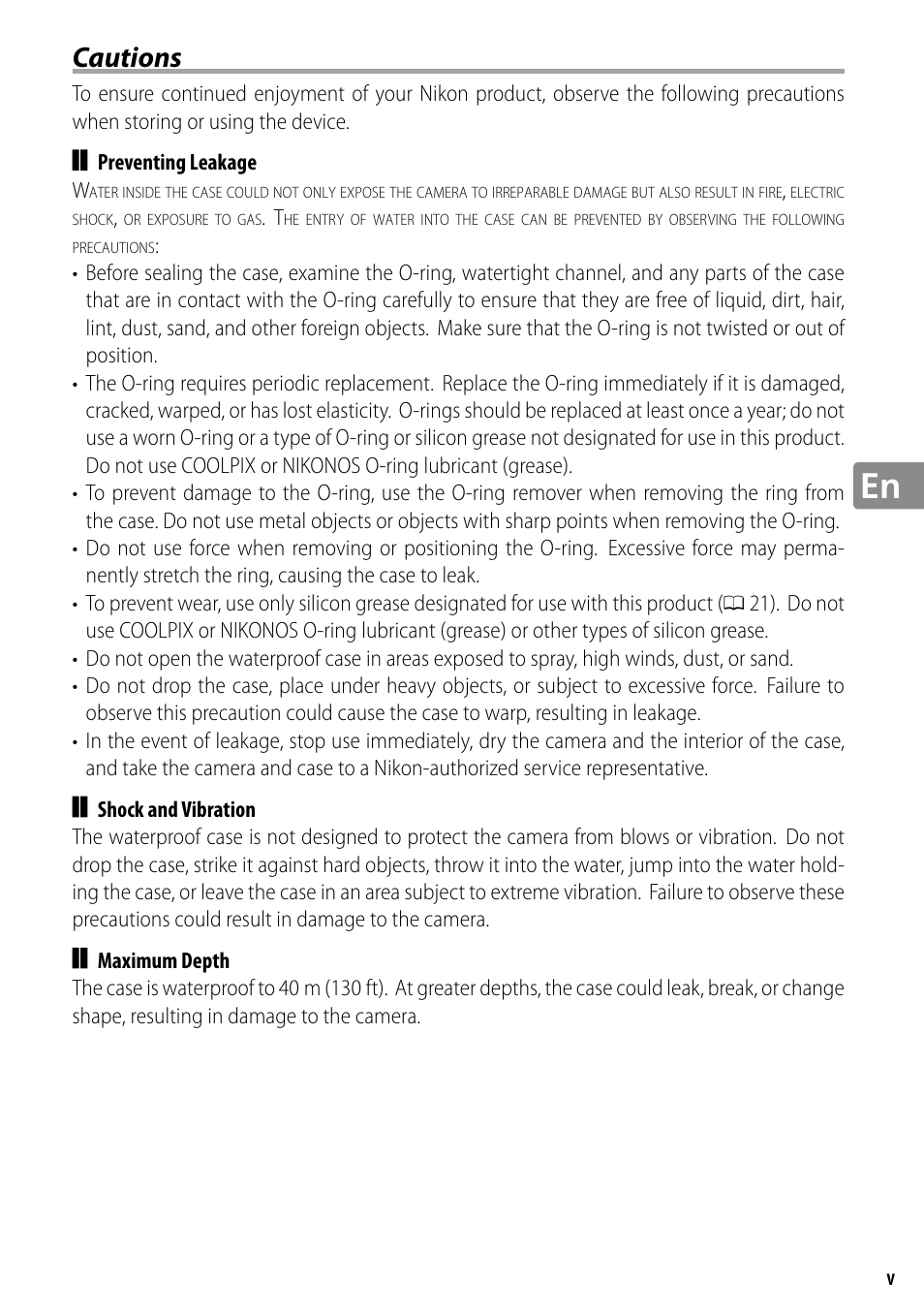 Cautions | Nikon WP-N2 User Manual | Page 37 / 260