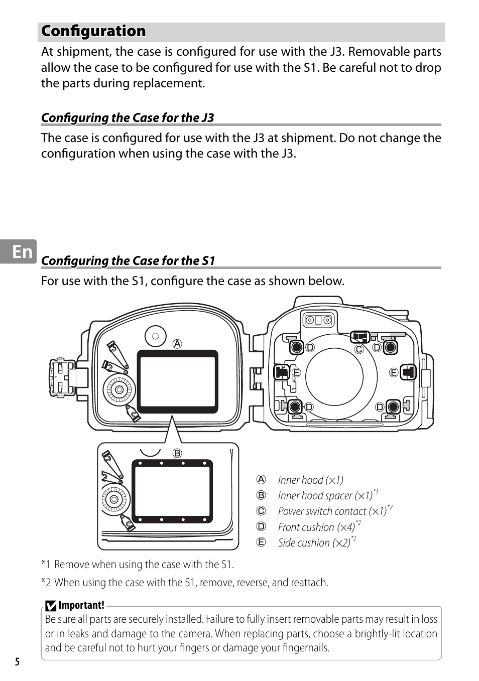 Configuration, Configuring the case for the j3, Configuring the case for the s1 | Confi guration | Nikon WP-N2 User Manual | Page 44 / 260