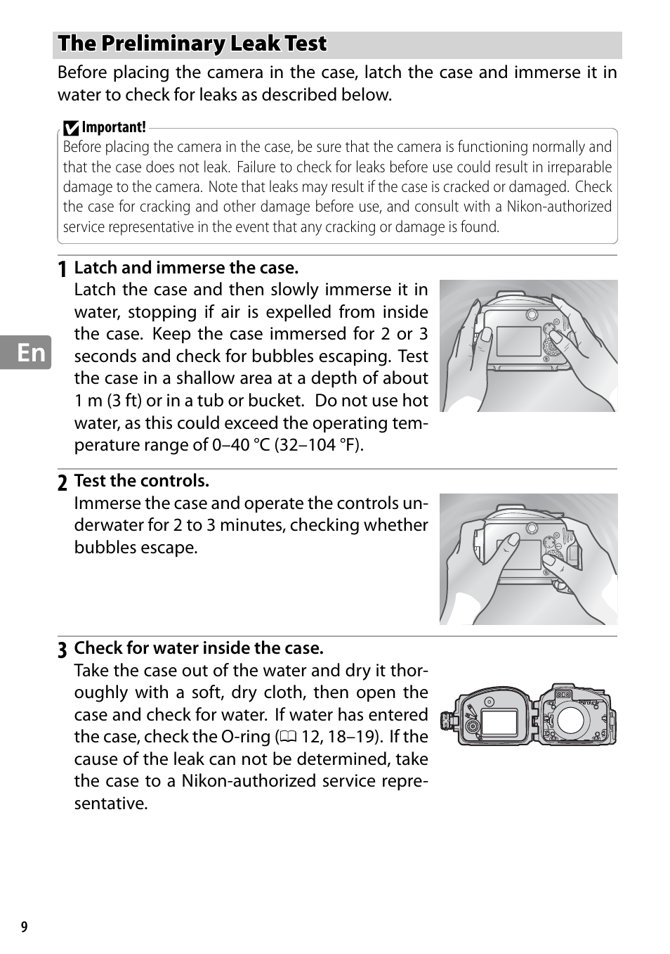 The preliminary leak test | Nikon WP-N2 User Manual | Page 48 / 260