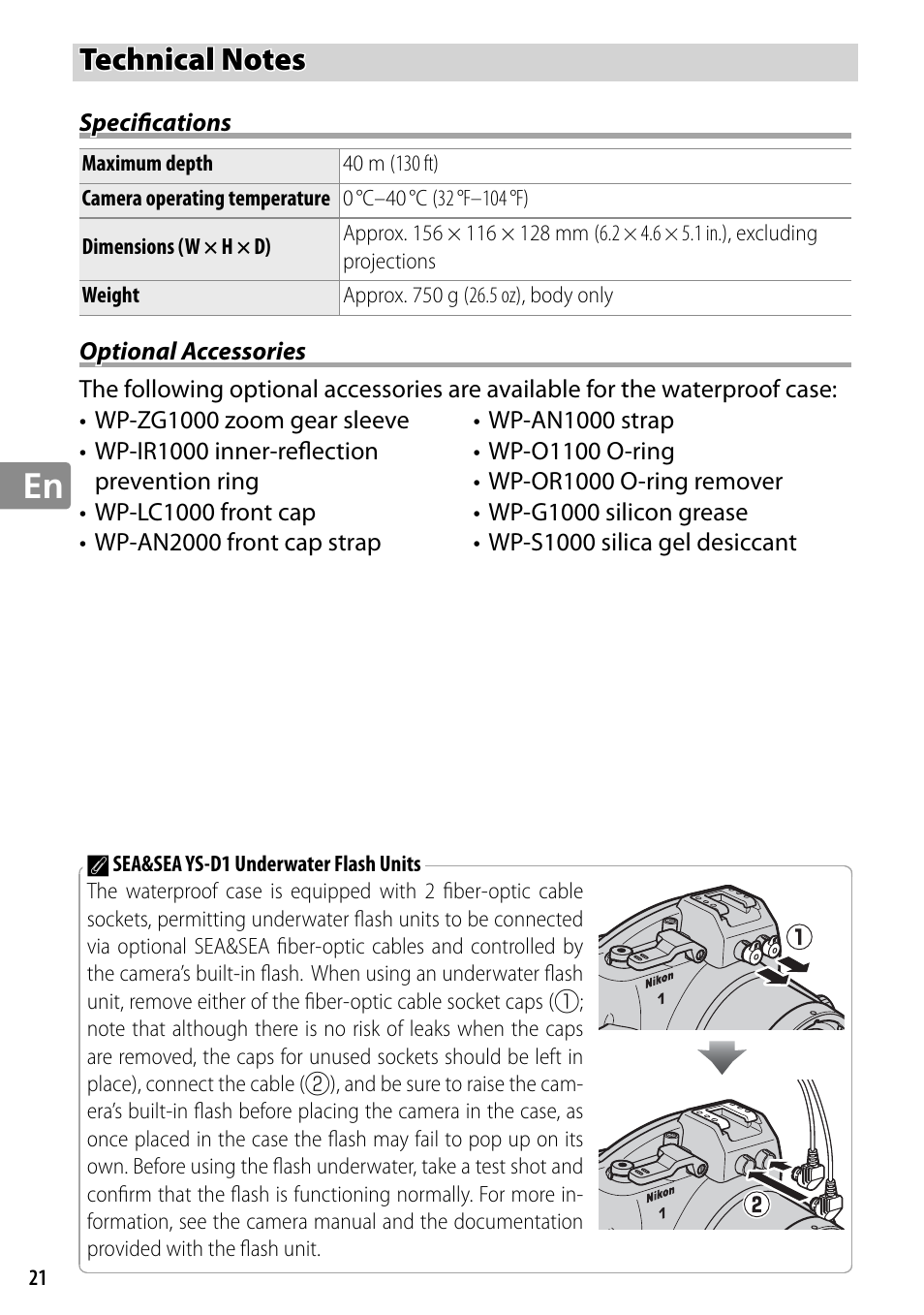 Technical notes, Specifications, Optional accessories | Nikon WP-N2 User Manual | Page 60 / 260