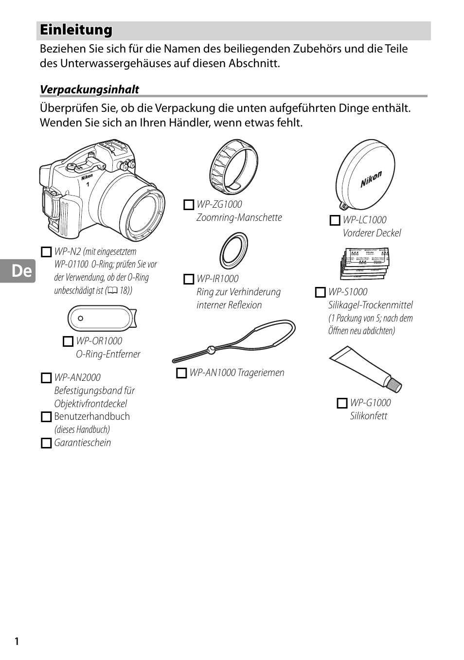 Einleitung, Verpackungsinhalt | Nikon WP-N2 User Manual | Page 68 / 260