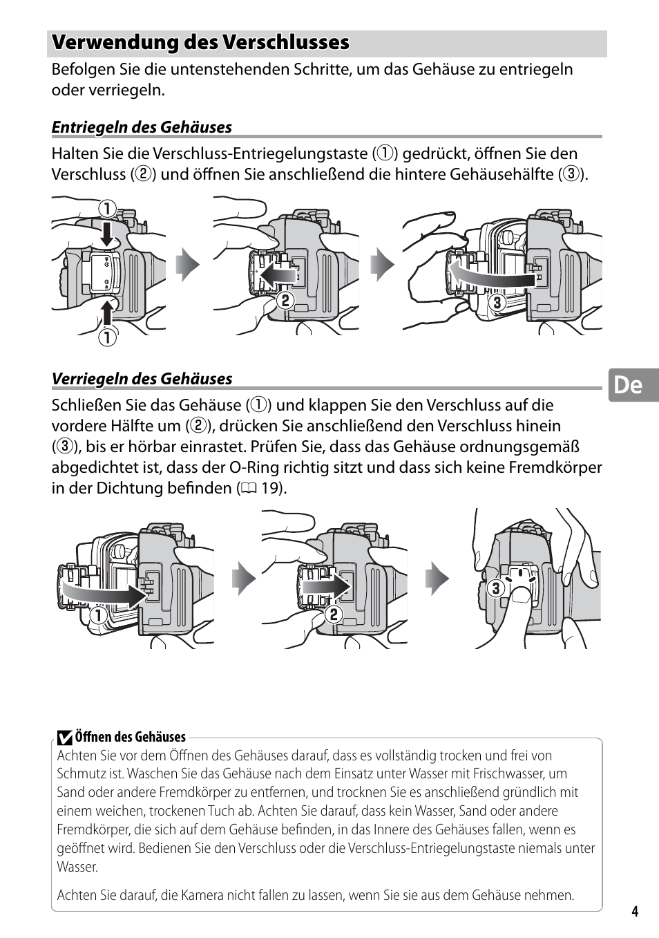 Verwendung des verschlusses, Entriegeln des gehäuses, Verriegeln des gehäuses | Nikon WP-N2 User Manual | Page 71 / 260