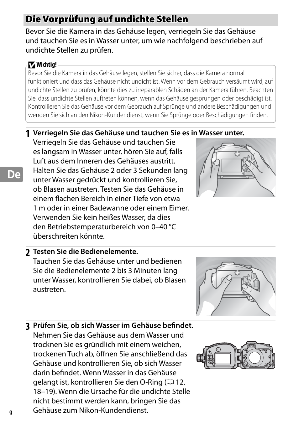 Die vorprüfung auf undichte stellen | Nikon WP-N2 User Manual | Page 76 / 260