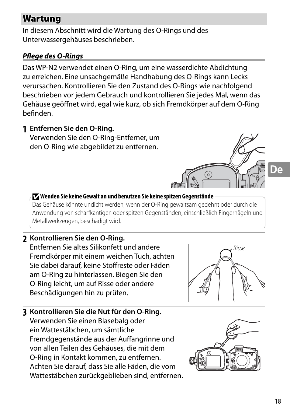 Wartung, Pflege des o-rings | Nikon WP-N2 User Manual | Page 85 / 260